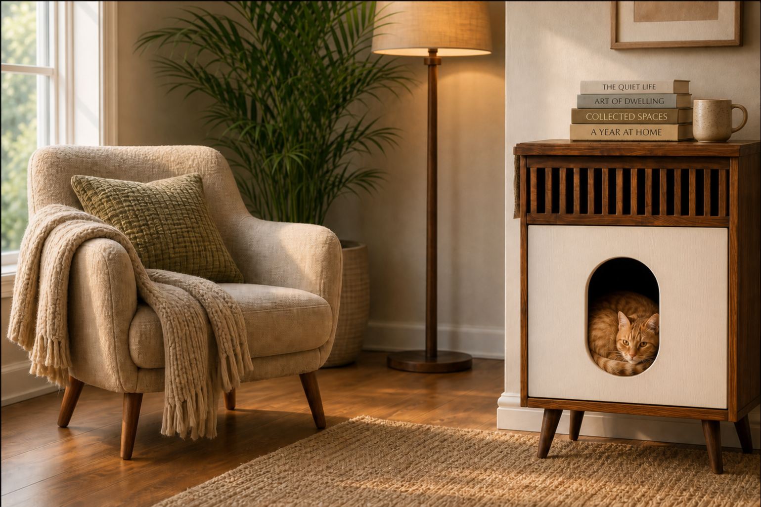 Litter cabinet in an evening living room